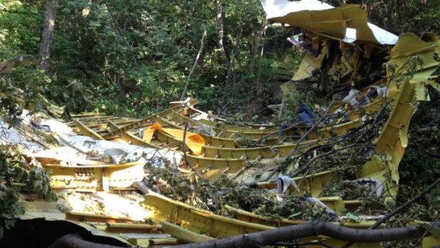 Inside the section of fuselage, peeled open in a dense thicket of trees.