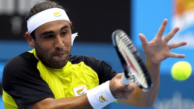 Comeback … Marcos Baghdatis during yesterday's win over Lleyton Hewitt at the Sydney International, where Baghdatis fought back from a set down to advance to the semi-finals.