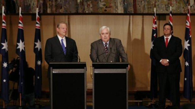 Former US Vice President Al Gore, Palmer United Party Leader Clive Palmer and incoming PUP Senator Glenn Lazarus deliver statements to the media during their joint press conference in the Great Hall at Parliament House.
