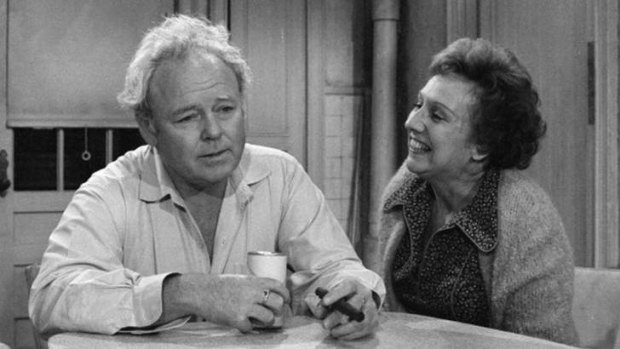 Jean Stapleton (as Edith Bunker) with Carroll O'Connor (as Archie Bunker) in an <i>All in the Family</i> episode from 1976.