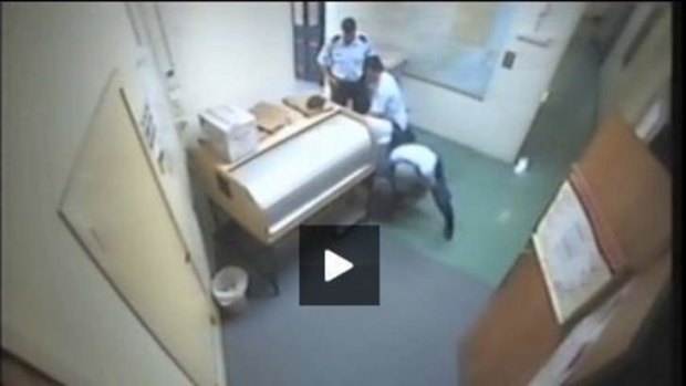 An image from CCTV footage of the alleged bashing at a police station in Ballina.