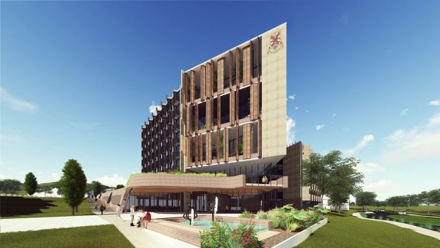 Projections of what the new Bruce Hall residential towers at the Australian National University will look like.