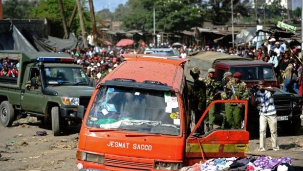 Twin attacks: The scene of the bombing on the outskirts of Nairobi's business district.