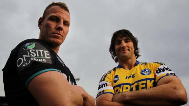 Staying ... Luke Lewis and Nathan Hindmarsh at a news conference ahead of this week's rivalry round.