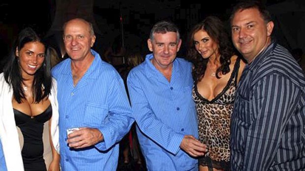 Party time: Micheal Nugent (centre) with Robert McClelland (left), Steven Foster and models at the Playboy mansion.