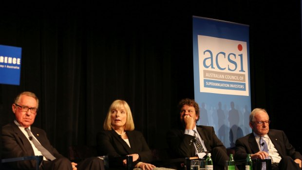 Australian Council of Superannuation Investors conference 2015 directors panel, left to right:  David Gonski, Jane Hemstritch, Simon McKeon, and Kevin McCann. 