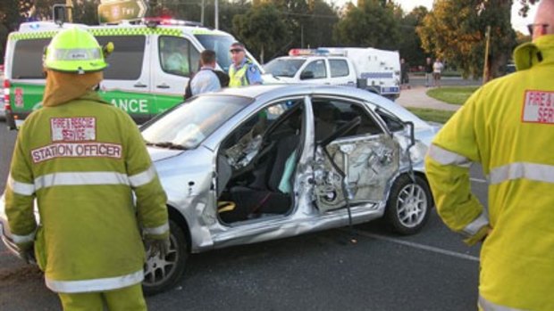 The damaged Holden Viva, in which a six-year-old girl was trapped after a hit and run yesterday.