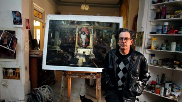 "It is not politically correct art, but thank God for that" ... Rodney Pople in his Marrickville studio with his <i>Cardinal with Altar Boy</i>.
