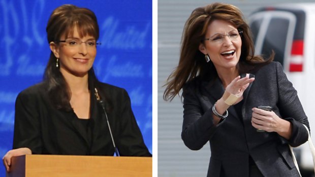 Actress Tina Fey, left, portrays Republican vice-presidential nominee Alaska Governor Sarah Palin, right.