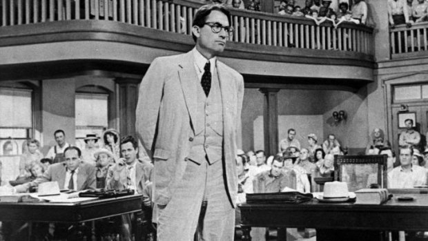 Gregory Peck plays lawyer Atticus Finch in the 1962 film version of <i>To Kill a Mockingbird</i>.