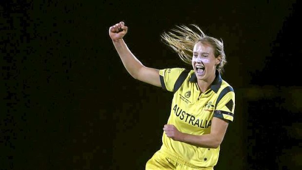 Australia's Ellyse Perry celebrates the wicket of West Indies' Stafanie Taylor during the final match of the ICC Women's World Cup cricket in Mumbai, India.