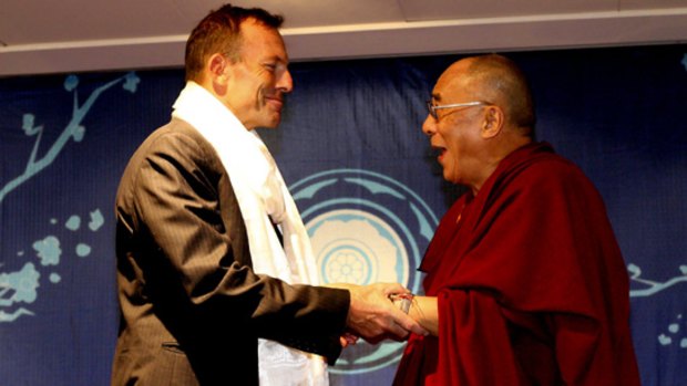 Liberal Party leader Tony Abbott meets the Dalai Lama in Sydney.