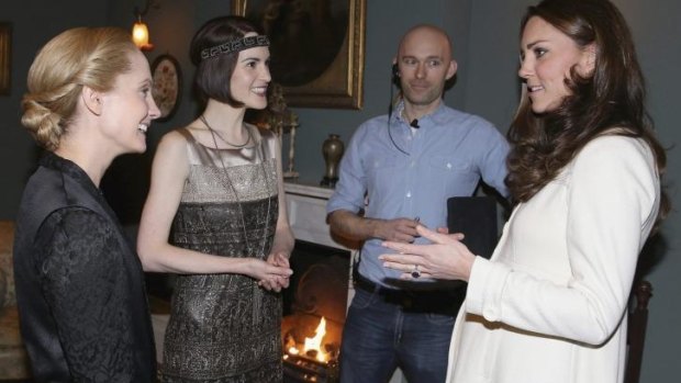 Michelle Dockery (Lady Mary) and Joanne Froggatt (Anna) break from filming to meet the duchess. 