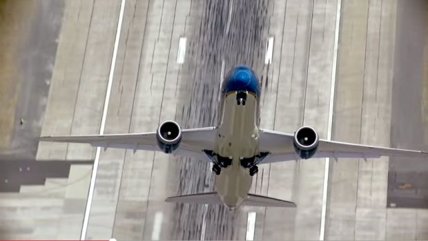 The Boeing Dreamliner performs a near-vertical take off in a demonstration flight.