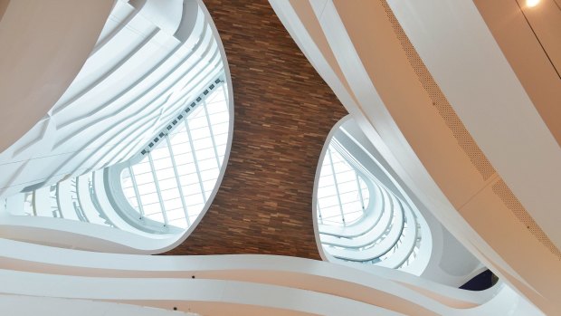 Looking up to the 7th floor overpass from the ground floor of the Victorian Comprehensive Cancer Centre building.