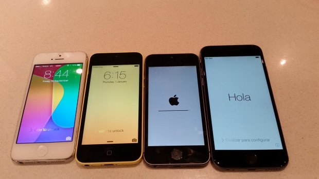 From left to right: iPhone 5, iPhone 5c, iPhone 5s, iPhone 6.