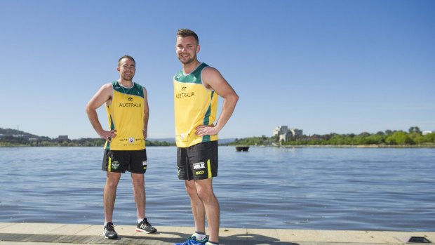 Gungahlin Bulls rugby league players (from left) Kai Sklaner and Steve Boardman are running the New York Marathon to raise money for Camp Quality.
