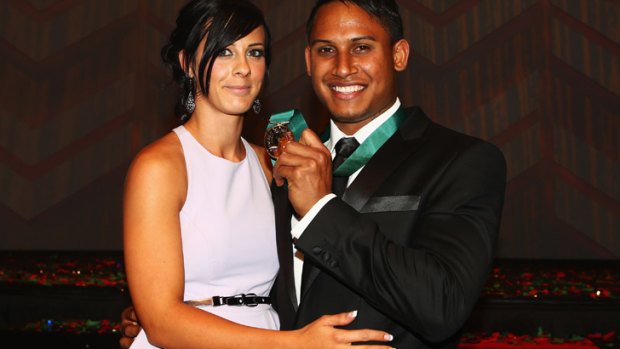Under a cloud ... Barba at the Dally M awards with girlfriend Ainslie Currie last year.
