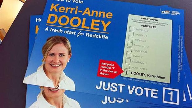 Spot the logo ... The LNP logo doesn't have a prominent place on Kerri-Anne Dooley's how-to-vote-card.