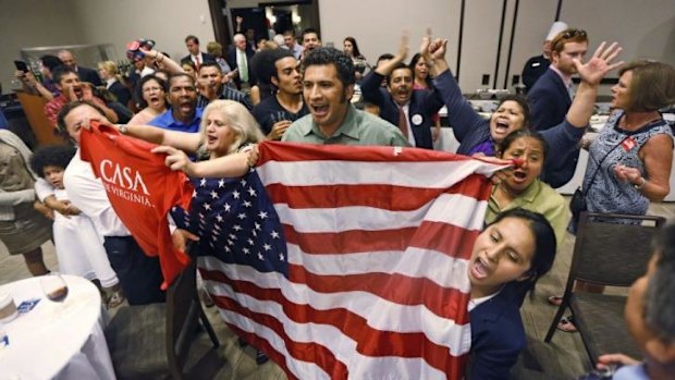 Immigration reform supporters crash the primary-night party of House Majority Leader Eric Cantor after he delivered a concession speech.