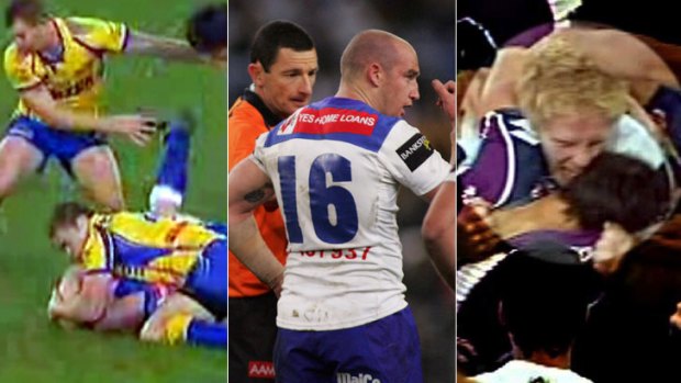 Quick bites ... Brad Morrin bites Timana Tahu in 2007, left, the aftermath of that incident, and James Graham sinks his teeth into Billy Slater on Sunday.