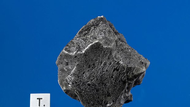 This handout photo provided by Darryl Pitt of the Macovich Collection shows an external view of a Martian meteorite recovered in December 2011 near Foumzgit, Morocco following a meteorite shower believed to have occurred in July 2011.