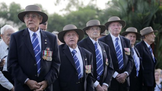 Australian war veterans Peter Dimopoulos, George Smith, George Butler,  Bill Ennis, Roy Cornford, and Derek Holyoake attend a service at the Kranji  War Memorial yesterday.