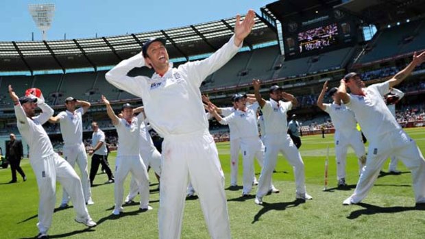 English players celebrate with a rendition of the ''sprinkler'' dance as Ricky Ponting ponders the loss.