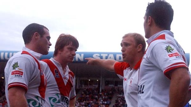 Flashpoint ... Nathan Brown with Brett Firman, Lance Thompson and Trent Barrett before slapping the latter at WIN Stadium in 2003.