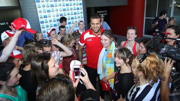 Lance Franklin mingles with Swans fans on Wednesday.
