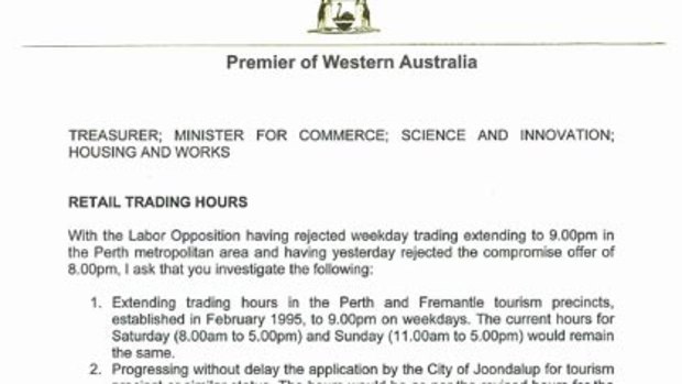 The letter Premier Colin Barnett sent to Treasurer Troy Buswell requesting he investigate a new extended shopping hours proposal.