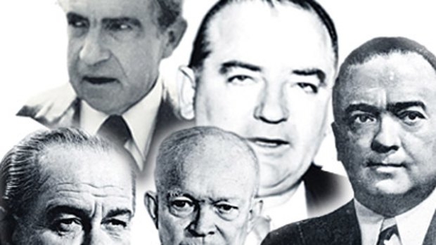 Hunt for gays . . . (from left) Lyndon Johnson, Dwight Eisenhower, J.Edgar Hoover (in the background) Richard Nixon and Joe McCarthy.