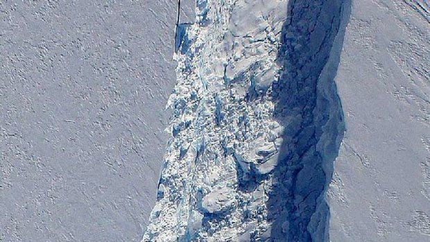 A section of the massive crack in an Antarctic glacier - which measures 250m at its widest point - that has been mapped by NASA.
