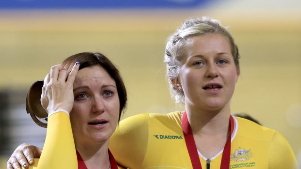 Emotional: Anna Meares broke down when invited on the podium by Stephanie Morton.