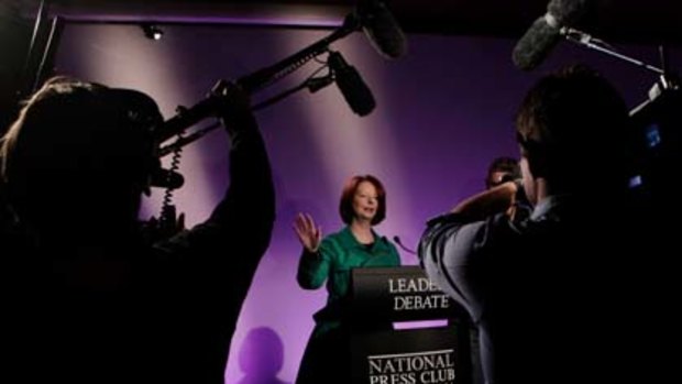 Julia Gillard inspects the set of the Leaders Debate at the National Press Club.