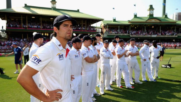 England captain Alastair Cook and his team watch the presentations after losing the Fifth Ashes Test match between Australia and England at Sydney Cricket Ground.