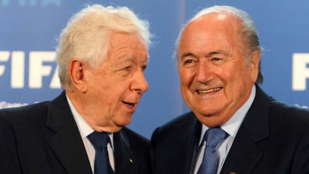 Calm before the storm ... FFA chairman Frank Lowy with FIFA president Sepp Blatter in, dare we say, much friendlier times. But was Australia's bid presentation featuring that cartoon kangaroo, respectful enough?