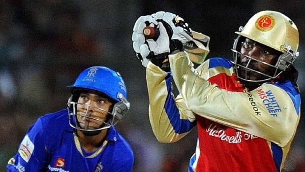 Chris Gayle hits a six for the Royal Challengers Bangalore.