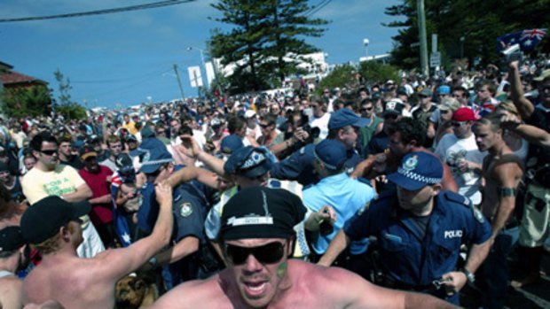 Police struggle to contain the crowd during the 2005 Cronulla riots.