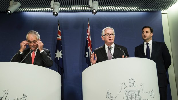 Prime Minister Malcolm Turnbull with Former Trade Minister Andrew Robb and Trade Minister Steve Ciobo. 