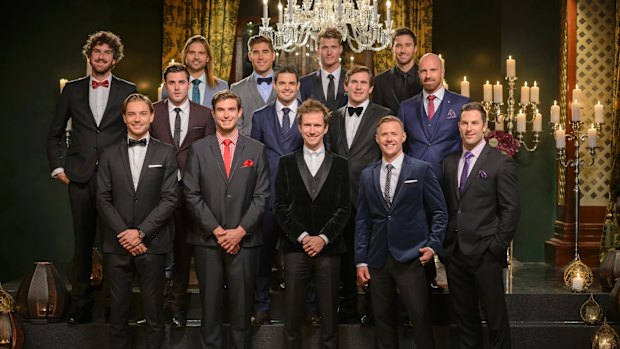 The Bachelorette contestants, 2015: (top row) Shane, Drew, Tony, Richie, Michael, (middle row) Davey, Luke, Dave, Alex, (bottom row) David, Kayne, Will, Kieren and Sasha.