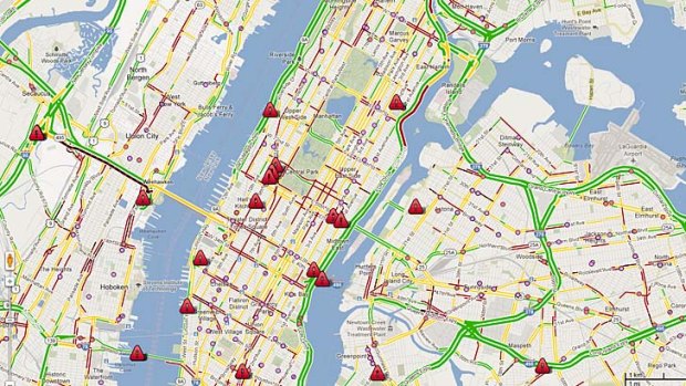 Google's crisis map for Hurricane Sandy showed warning information, road closures, traffic congestion details, fuel inventory status and more.