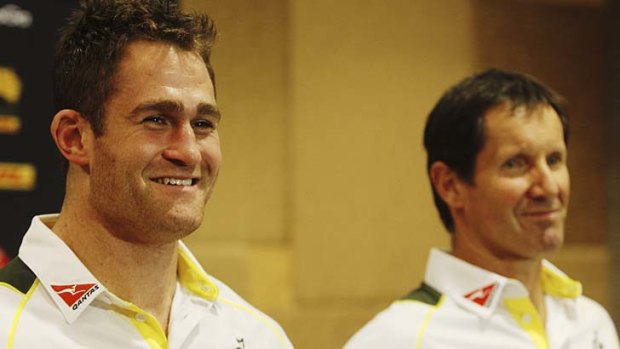 A visibly relieved James Horwill speaks to the media on Monday along with Wallabies coach Robbie Deans.