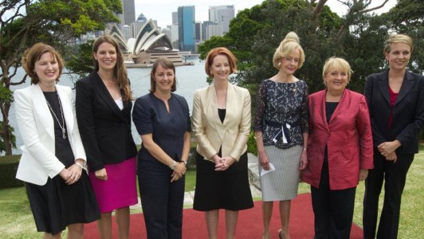 Women in power:  (from left) Julie Collins, Kate Ellis, Attorney-General Nicola Roxon, Prime Minister Julia Gillard, Governor-General Quentin Bryce, Jenny Macklin and Health Minister Tanya Plibersek at their swearing-in ceremony.