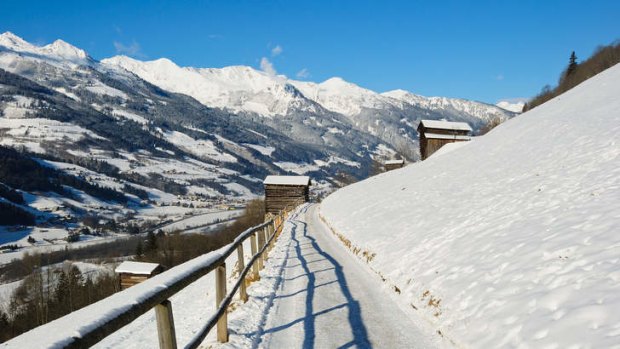 An icy mountain path between Bad Gastein and Bad Hofgastein in the Austrian alps.