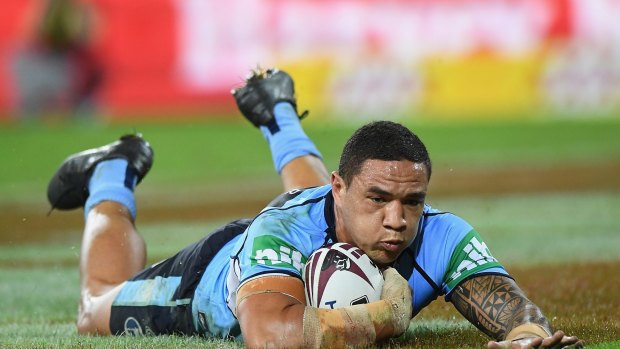 Try time: Tyson Frizell scores on debut in the sky blue.