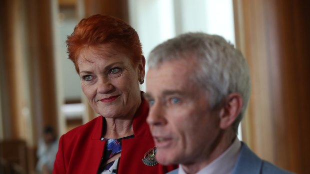Malcolm Roberts with Pauline Hanson after the High Court ruled him ineligible to have been elected to the Senate.