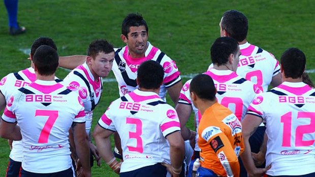 Braith Anasta  of the Roosters tries to fire up his players after the Knights score.