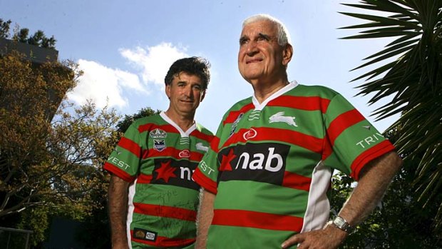 Staunch &#8230; Nick Xanthis, who began following South Sydney in 1945, and his son, Con.