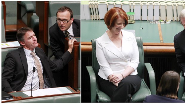Interesting times ...  Rob Oakeshott talks with Greens MP Adam Bandt, left, as Julia Gillard and Kevin Rudd share a joke.